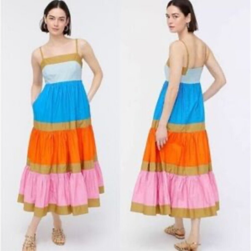 J Crew Midi Tiered Maxi Dress 10 Striped Cotton Smocked